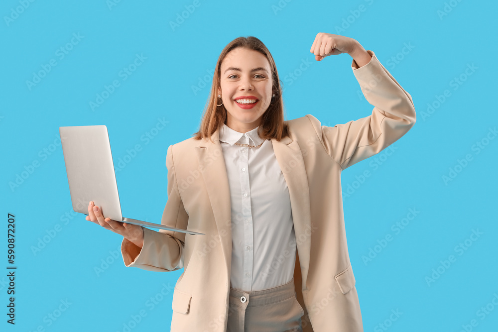 Female programmer with laptop showing muscles on blue background