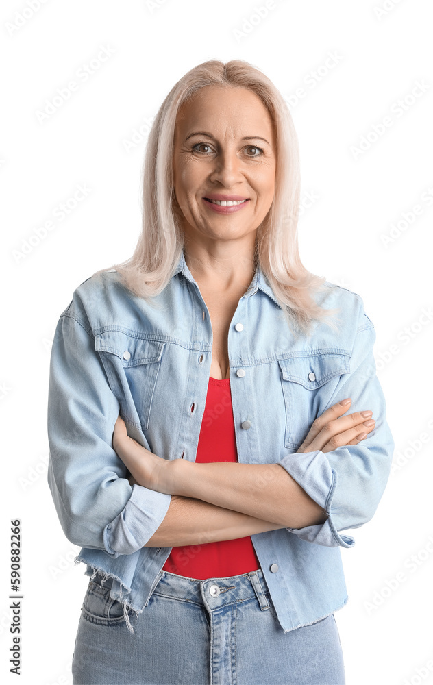 Mature woman smiling on white background