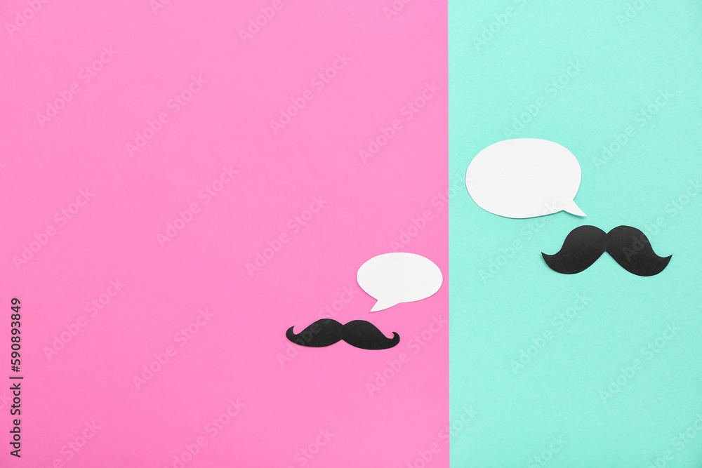 Paper mustaches with speech bubbles on color background. Dialogue concept