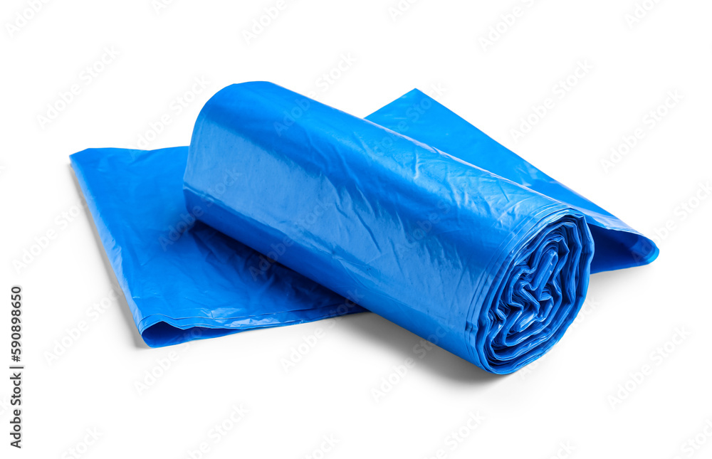 Blue roll of garbage bags isolated on white background