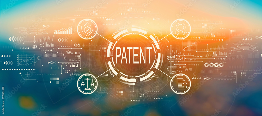 Patent concept with blurred cityscape at sunset or sunrise