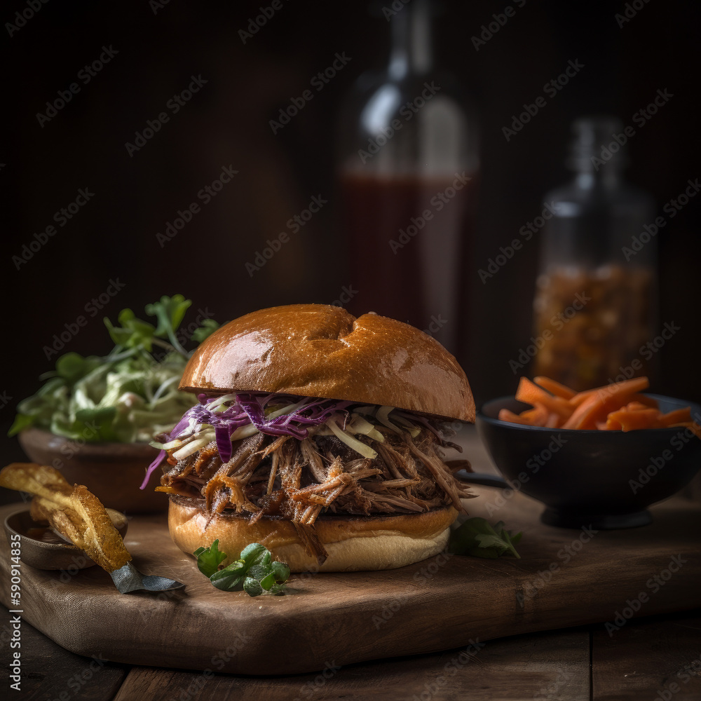 American barbecued pulled pork sandwich Illustration AI Generative