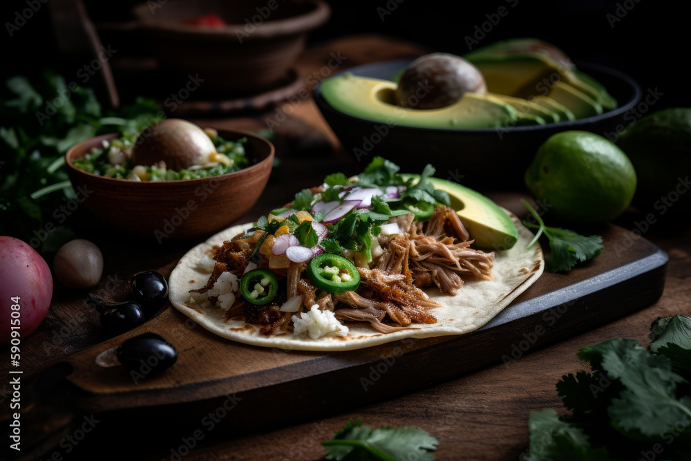 Mexican american pork carnitas taco. Illustration AI Generative.