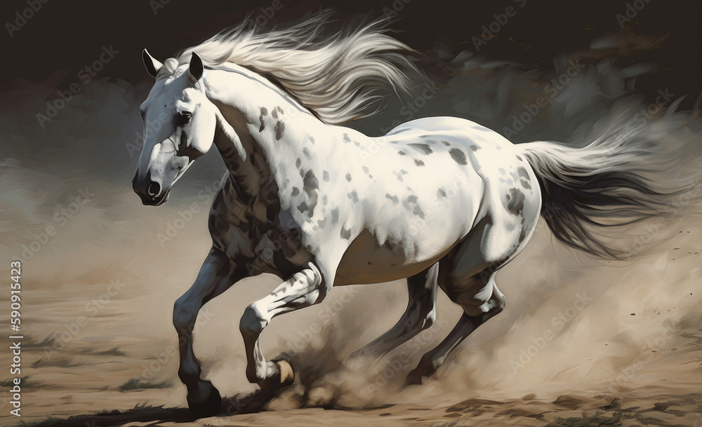 White horse galloping in the desert. Illustration AI Generative.