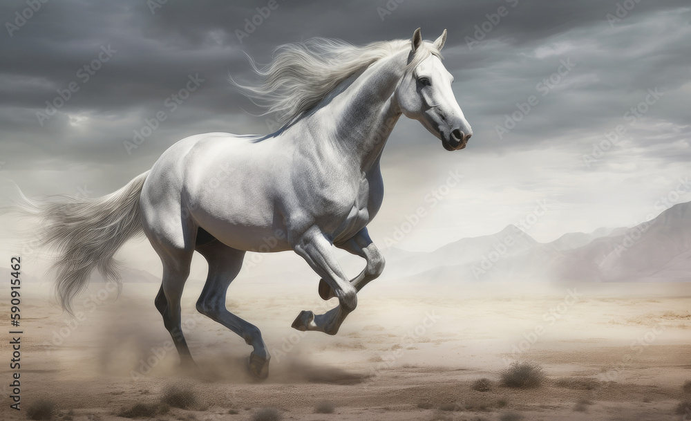 White horse galloping in the desert. Illustration AI Generative.