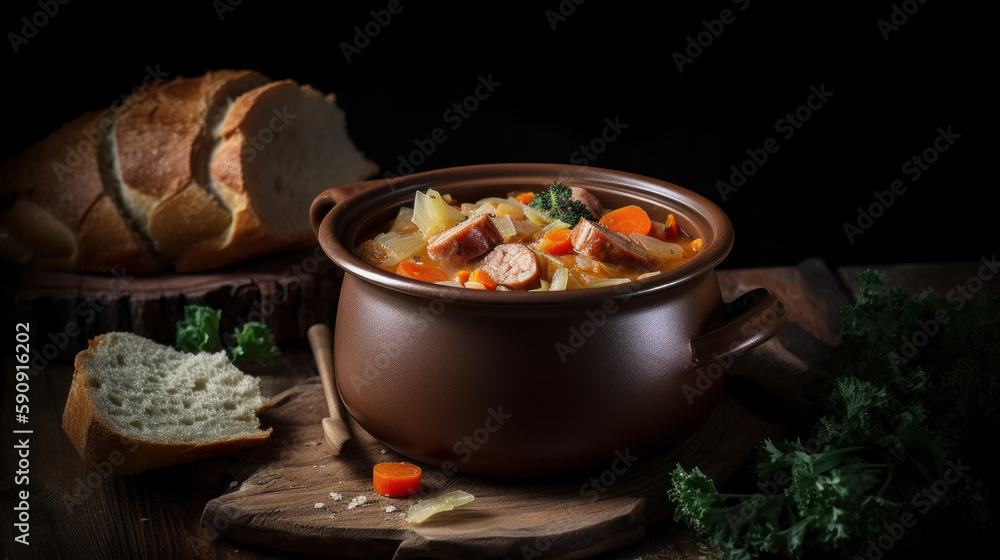 Cabbage stew with sausage Illustration AI Generative