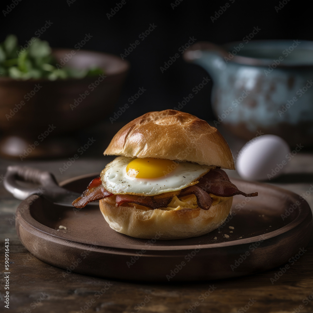 Bacon egg breakfast sandwich. Illustration AI Generative.