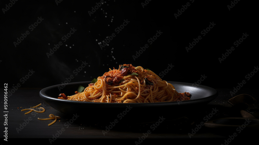 Dark plate with italian spaghetti Illustration AI Generative.