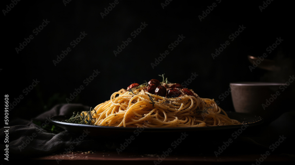 Dark plate with italian spaghetti Illustration AI Generative.