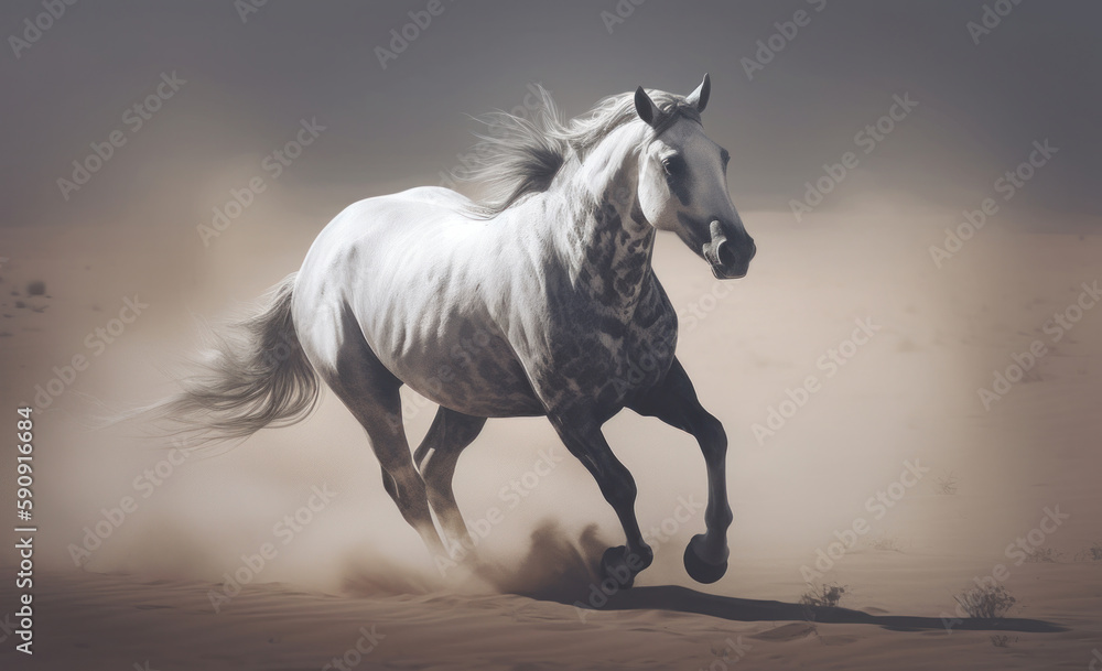 White horse galloping in the desert. Illustration AI Generative.