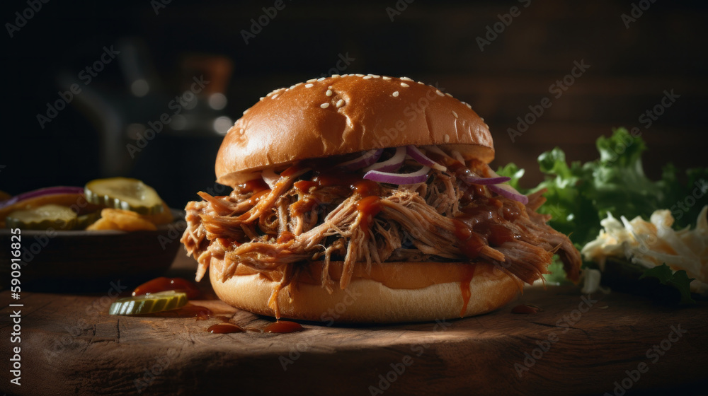 American barbecued pulled pork sandwich Illustration AI Generative