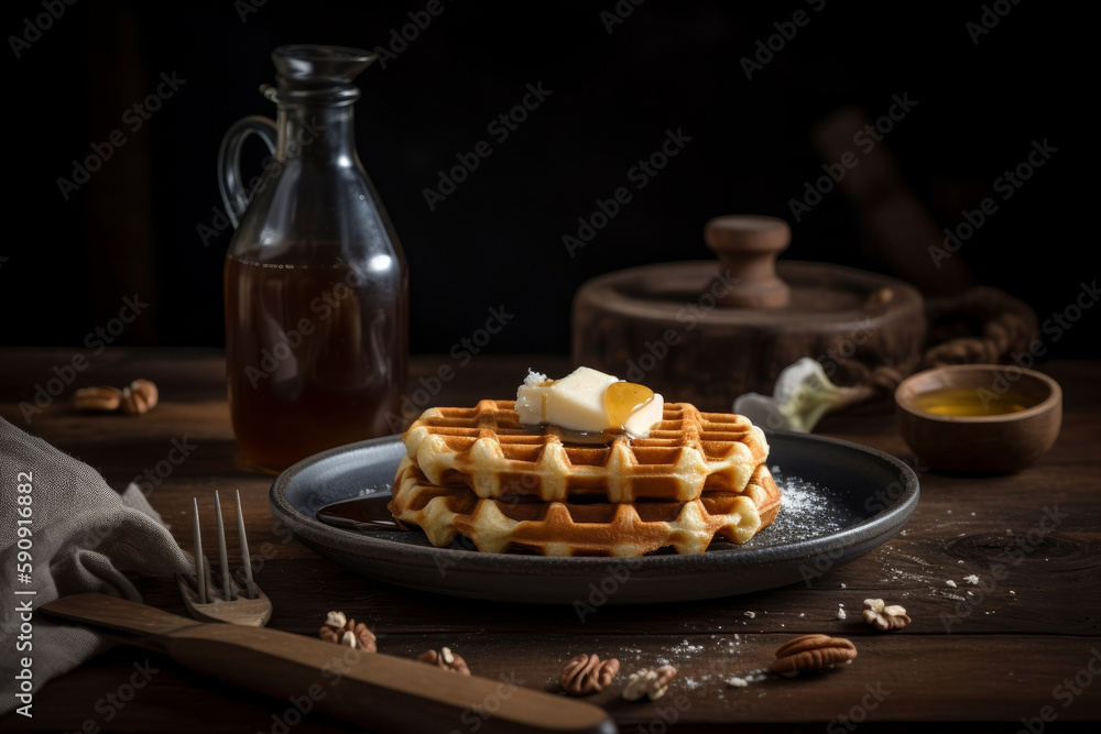 Waffle with butter and maple syrup Illustration AI Generative