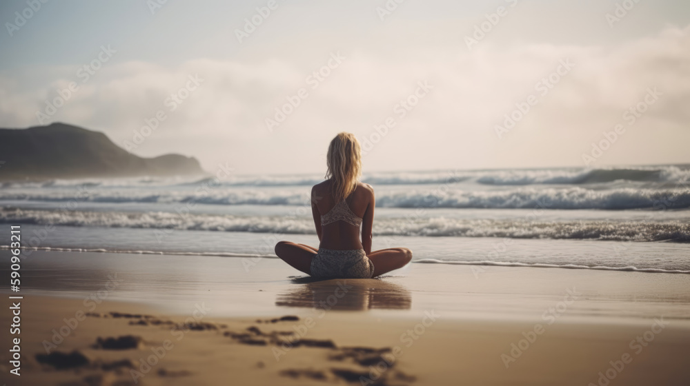 Woman practicing yoga at seashore. Generative AI