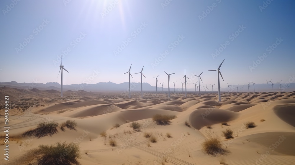 Wind turbines in the desert. Renewable energy concept with sand dunes. Generative AI