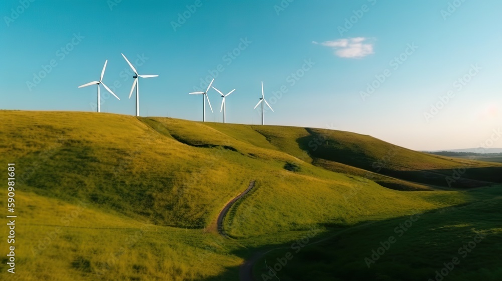 Power generating windmills on green hills. Renewable energy concept. Generative AI