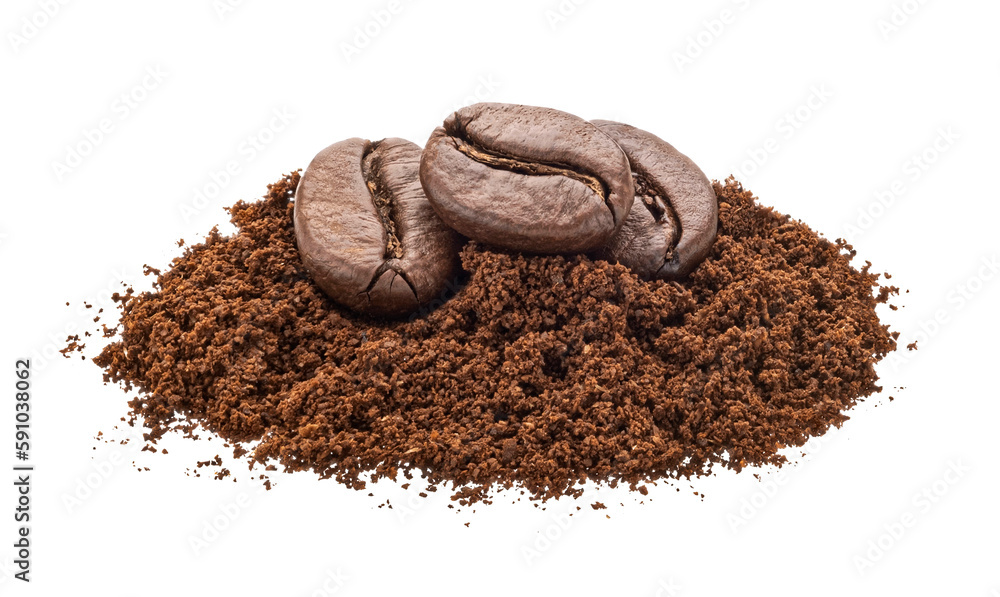 Ground coffee and coffee beans isolated on white background