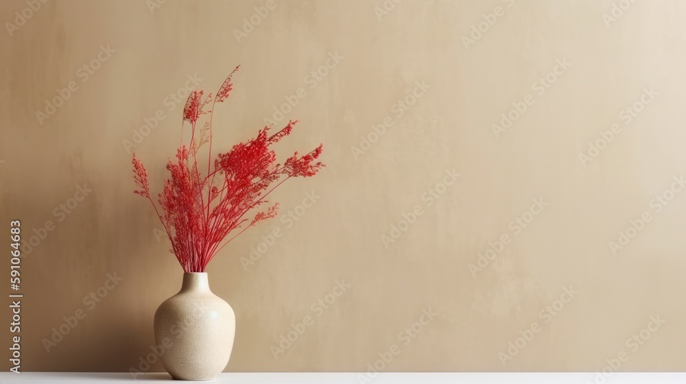 Vase with decorative dry plant branch against beige wall background. Minimalist interior mockup. Gen