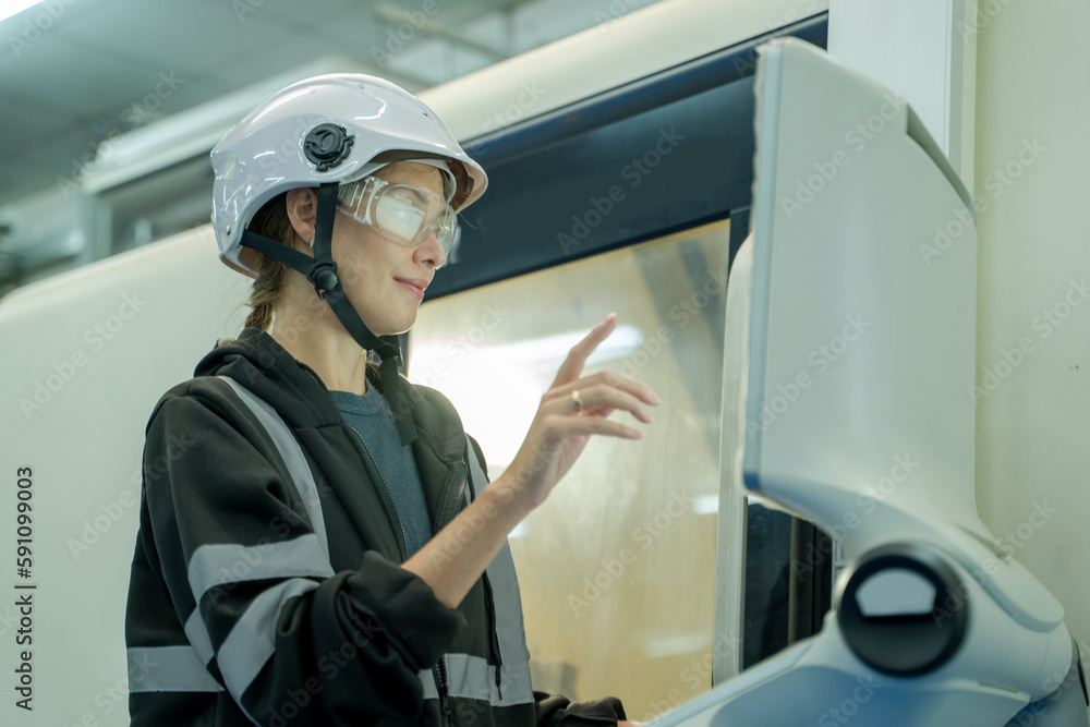 Engineers Maintenance Robot Arm at Lab,High Tech Research Laboratory with Modern Equipment.