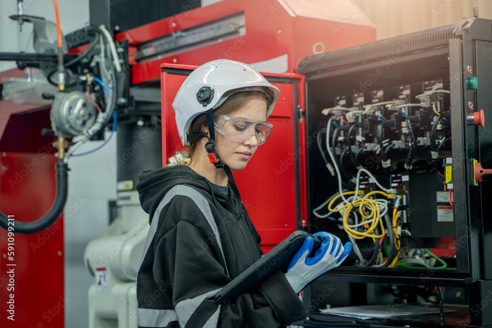 Technical engineer using measuring equipment to checking electrical current voltage at circuit break