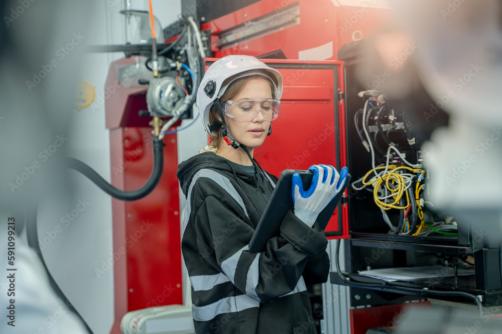 Engineer working with automation robot arms machine in intelligent factory industrial.