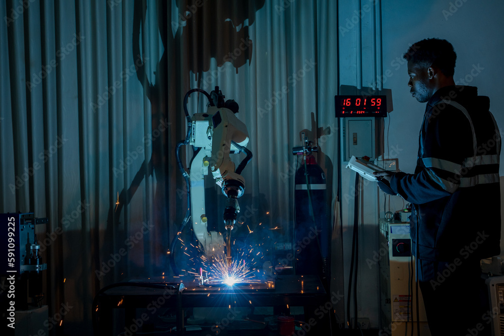 Engineer inspection control a robot arm welding machine with a remote system in an industrial factor