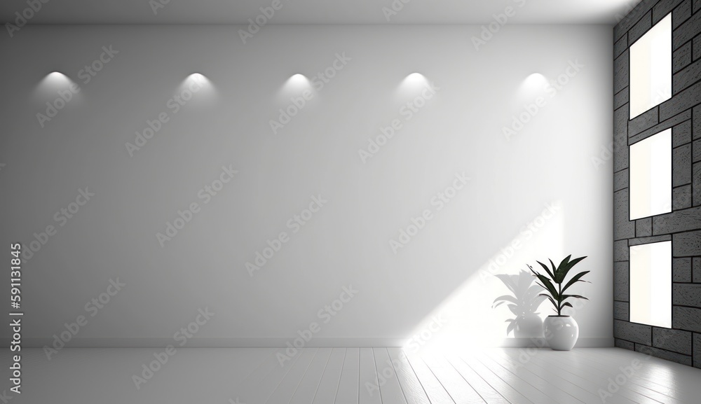 Bright empty room in a minimalist style, with a potted plant, wallpaper