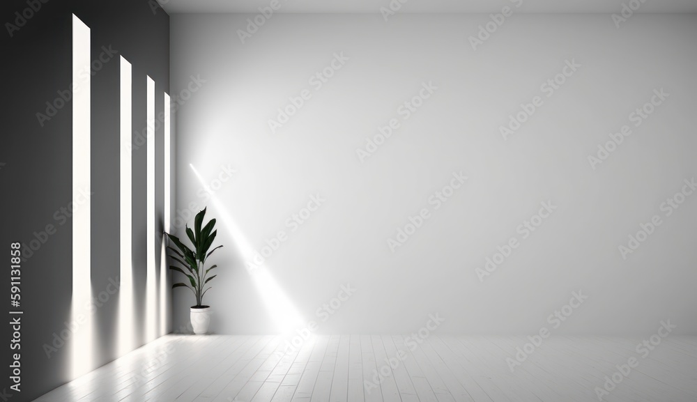 Bright empty room in a minimalist style, with a potted plant, wallpaper