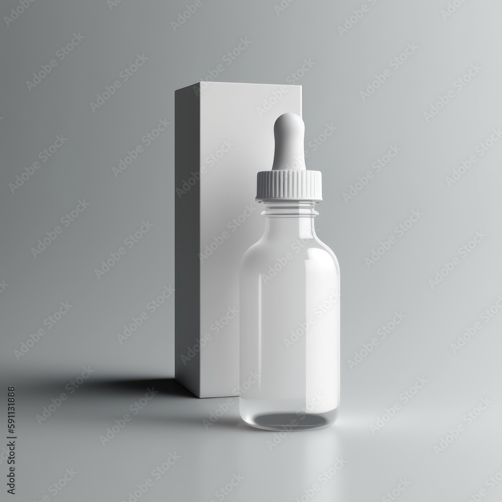 empty dropper bottle on a white background with a box, mockup