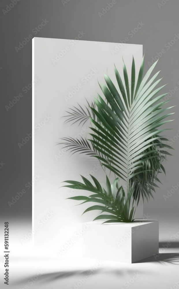 white stand on a white empty background with palm leaves