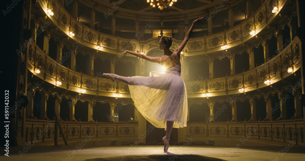 Low Angle Shot of Young Graceful Classical Ballet Female Dancer Performing on Theatre Stage with Dra