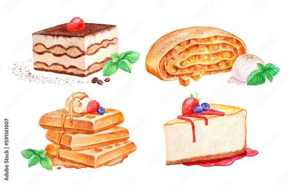 Hand painted watercolor illustration set of Desserts on white background