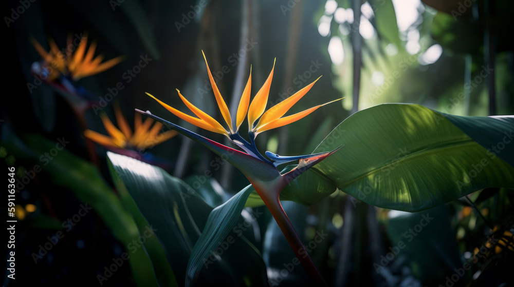 Bird of paradise flower in the forest. Ai generated.