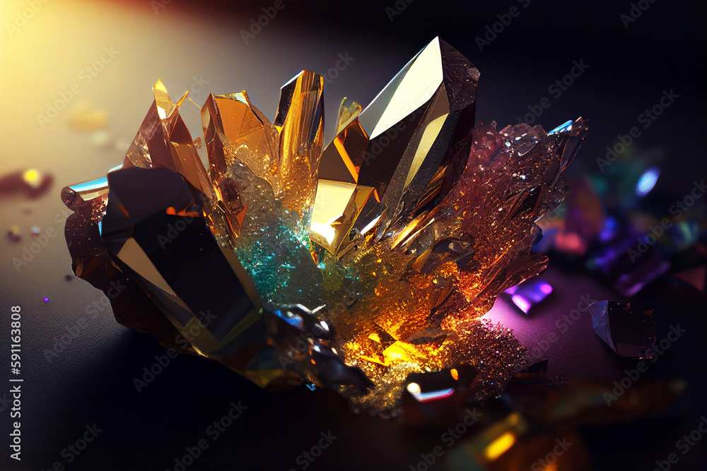 Colorful mineral isolated on dark background. Ai generated.