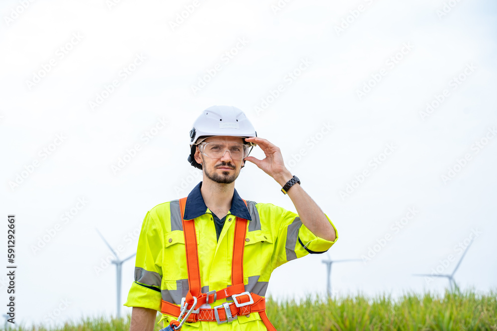 Power engineer are working with wind turbines,Green ecological power energy generation wind sustaina