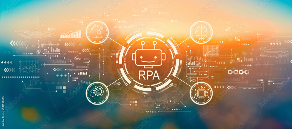 Robotic Process Automation RPA theme with blurred cityscape at sunset or sunrise