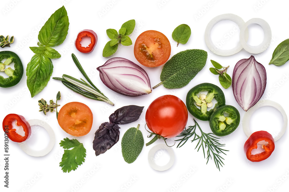 Composition with fresh herbs and vegetables isolated on white background