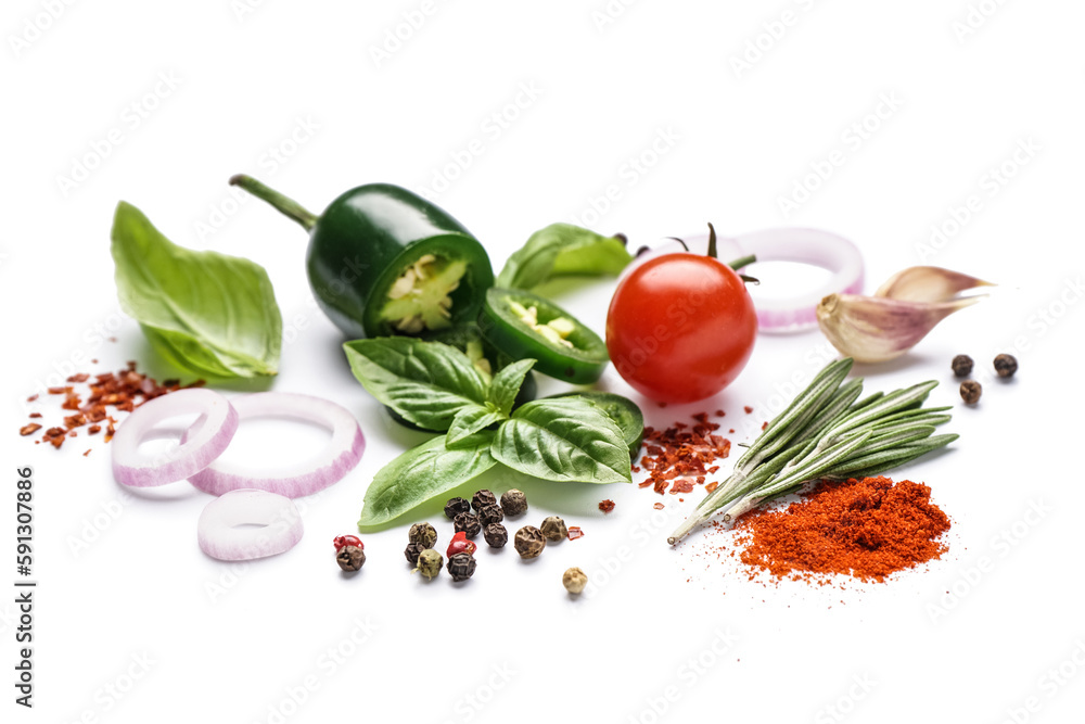 Composition with tasty vegetables, spices and herbs on white background