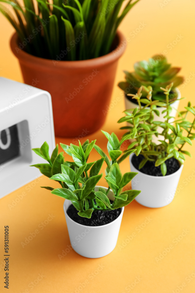 Artificial plants with clock on orange background, closeup