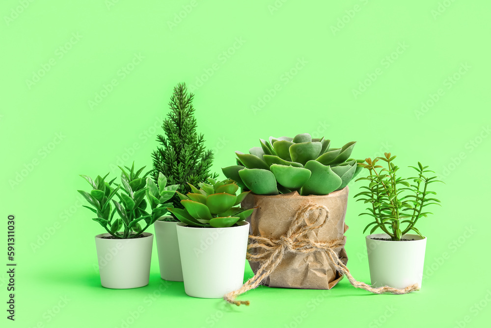 Artificial plants on green background