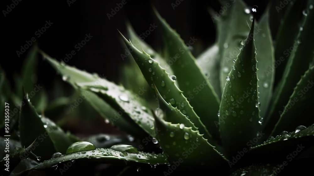 Closeup of aloe tropical plant leaves with rain drops. Green natural backdrop. Generative AI