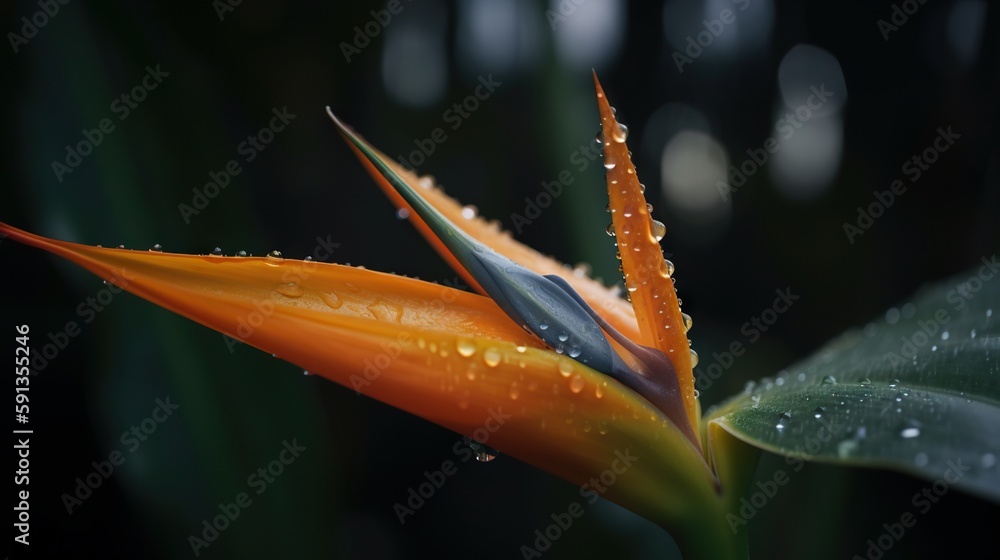 Closeup of Strelitzia reginae tropical plant leaves with rain drops. Green natural backdrop. Generat