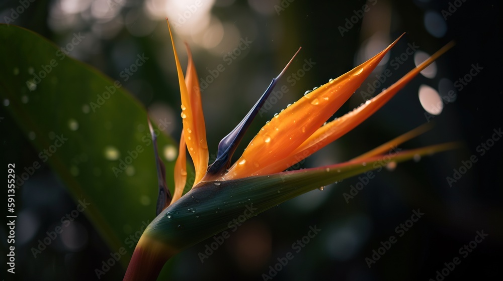 Closeup of Strelitzia reginae tropical plant leaves with rain drops. Green natural backdrop. Generat