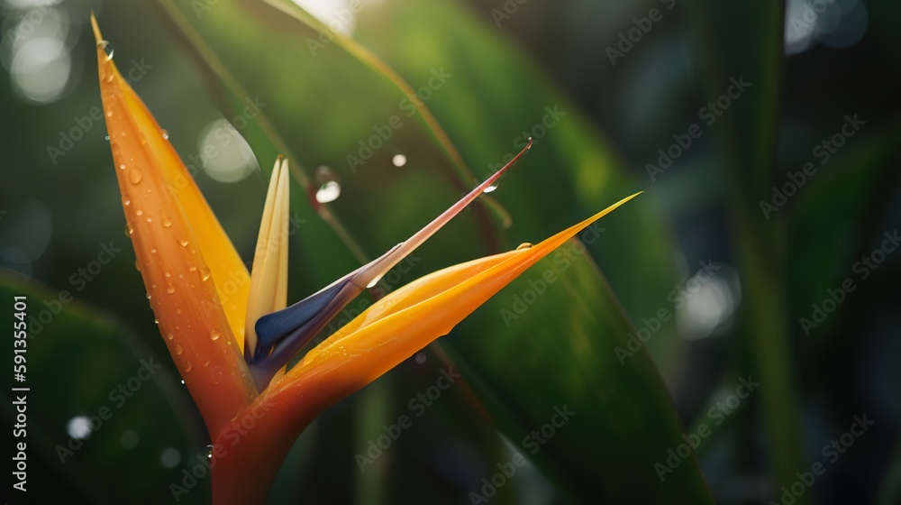 Closeup of Strelitzia reginae tropical plant leaves with rain drops. Green natural backdrop. Generat