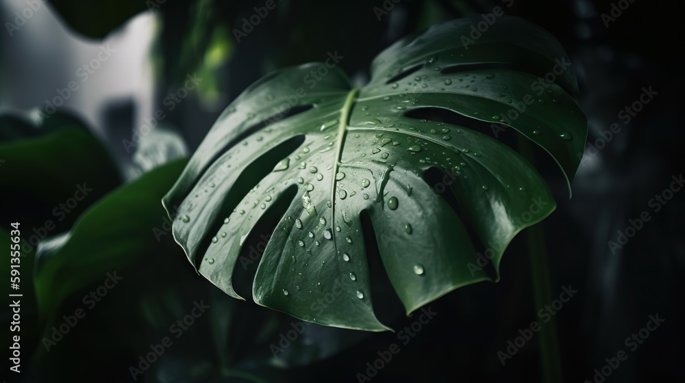 Closeup of Monstera tropical plant leaves with rain drops. Green natural backdrop. Generative AI