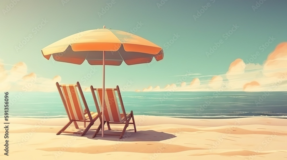 Beach chair and umbrella on beautiful beach. Sunny day on a ocean shore. Travel paradise concept. Ge