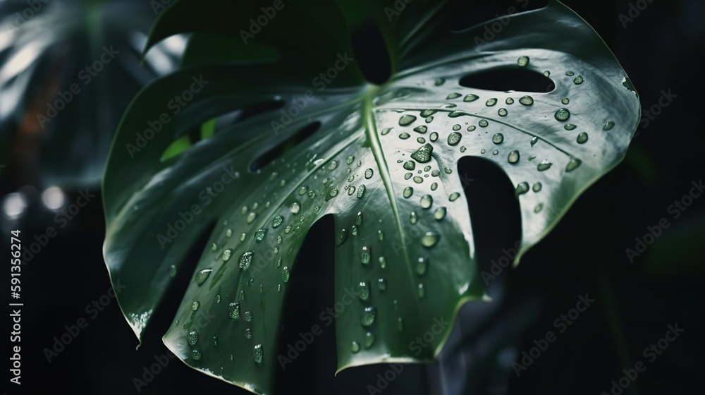 Closeup of Monstera tropical plant leaves with rain drops. Green natural backdrop. Generative AI