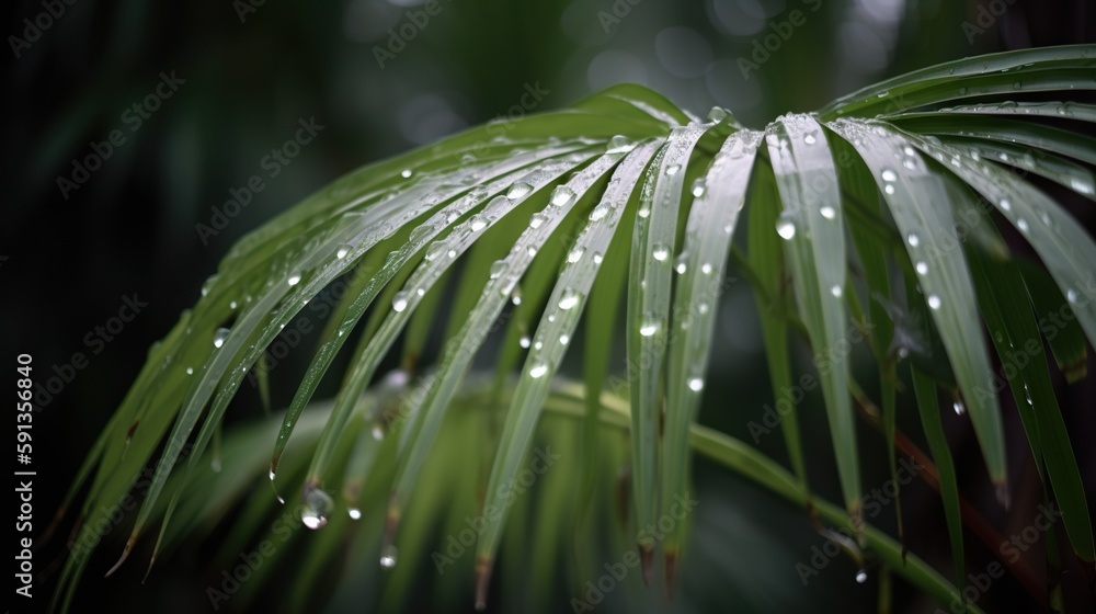 Closeup of Kentia Palm tropical plant leaves with rain drops. Green natural backdrop. Generative AI