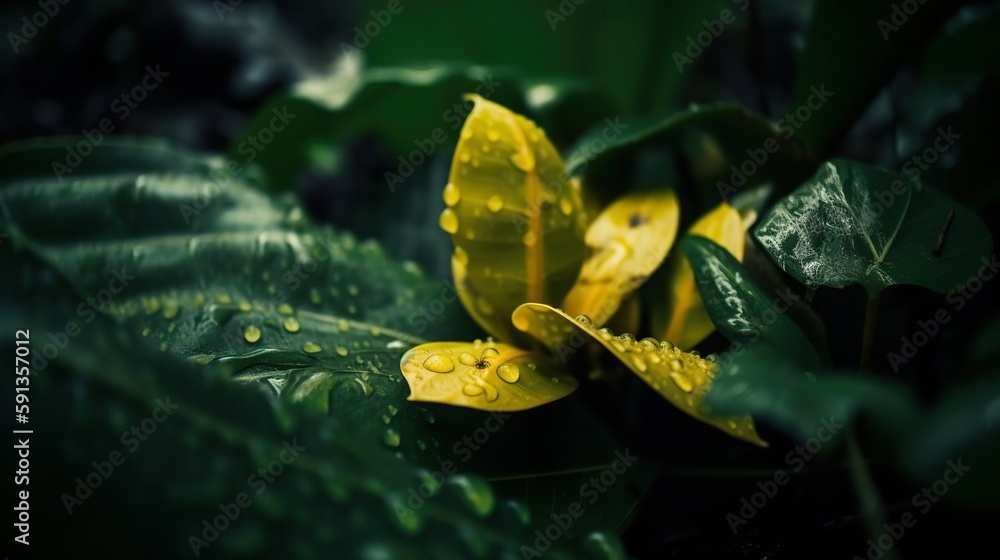 Closeup of Yellow turmeric tropical plant leaves with rain drops. Green natural backdrop. Generative