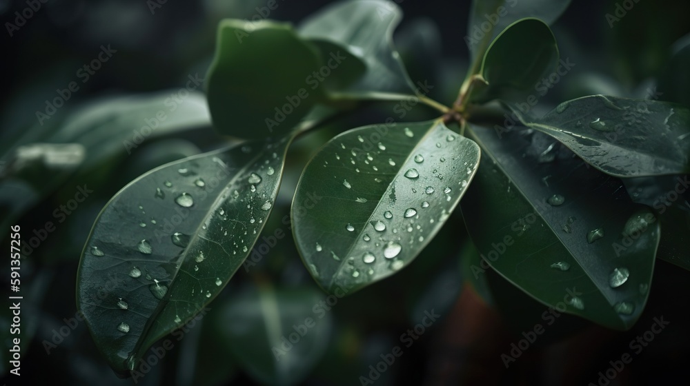 Closeup of ficus tropical plant leaves with rain drops. Green natural backdrop. Generative AI