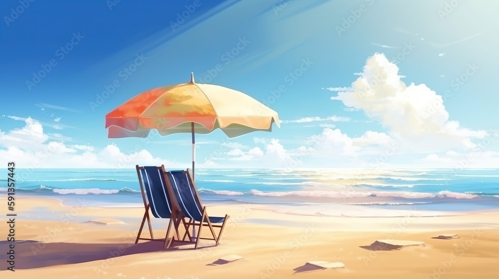 Beach chair and umbrella on beautiful beach. Sunny day on a ocean shore. Travel paradise concept. Ge